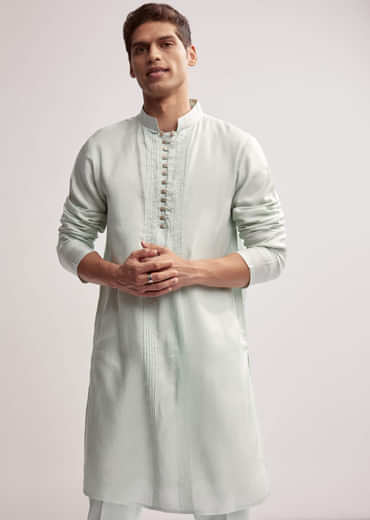 Mint Green Satin Blend Kurta Jacket Set For Men With Zardosi Work