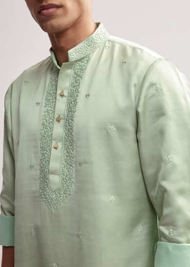 Mint Green Satin Blend Kurta Set For Men With Zardosi Embroidery