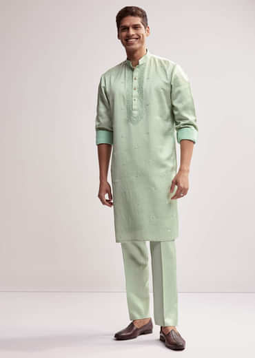 Mint Green Satin Blend Kurta Set For Men With Zardosi Embroidery
