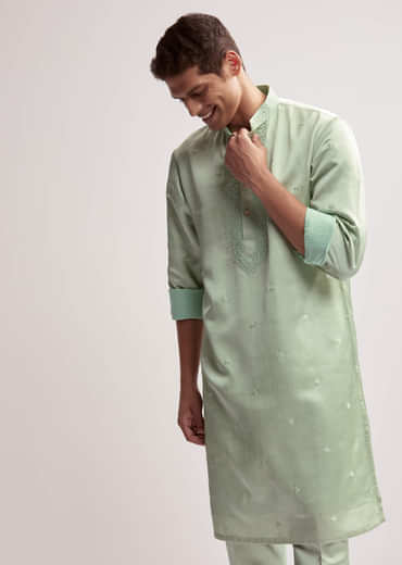 Mint Green Satin Blend Kurta Set For Men With Zardosi Embroidery