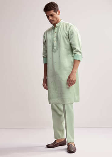 Mint Green Satin Blend Kurta Set For Men With Zardosi Embroidery
