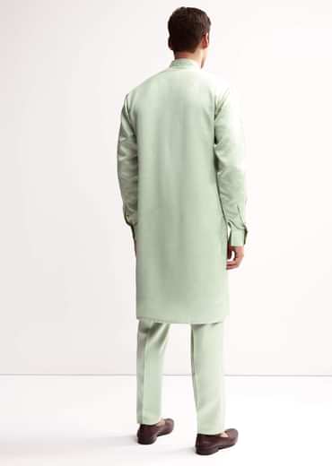 Mint Green Satin Blend Kurta Set For Men With Zardosi Embroidery
