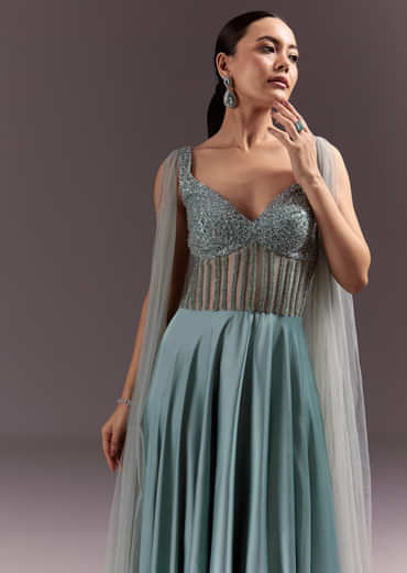 Mint Green Satin Gown With Corset Style Embroidered Bodice