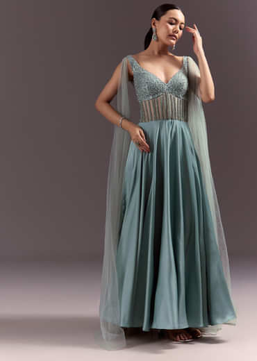 Mint Green Satin Gown With Corset Style Embroidered Bodice