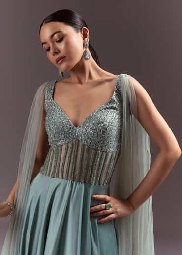 Mint Green Satin Gown With Corset Style Embroidered Bodice