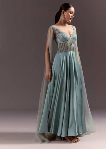 Mint Green Satin Gown With Corset Style Embroidered Bodice