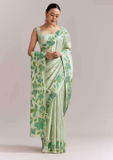 Mint Green Satin Printed Saree With Digital Florals
