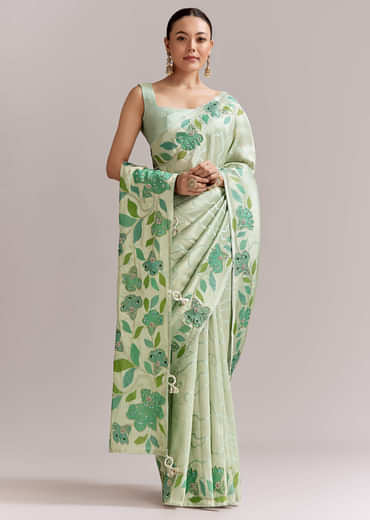 Mint Green Satin Printed Saree With Digital Florals