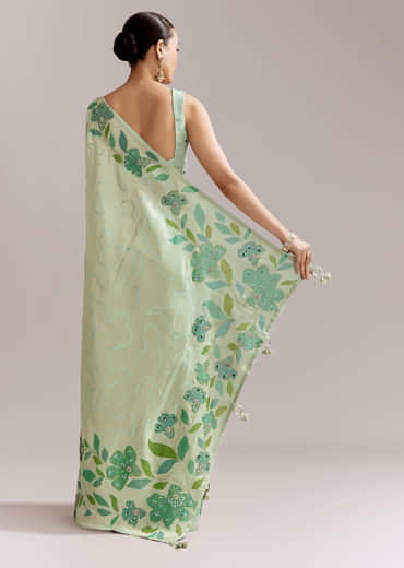 Mint Green Satin Printed Saree With Digital Florals