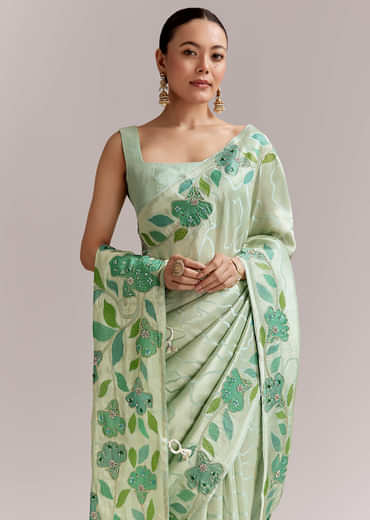 Mint Green Satin Printed Saree With Digital Florals