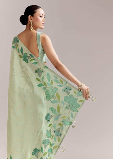 Mint Green Satin Printed Saree With Digital Florals