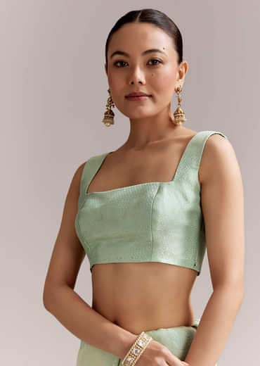 Mint Green Satin Printed Saree With Digital Florals