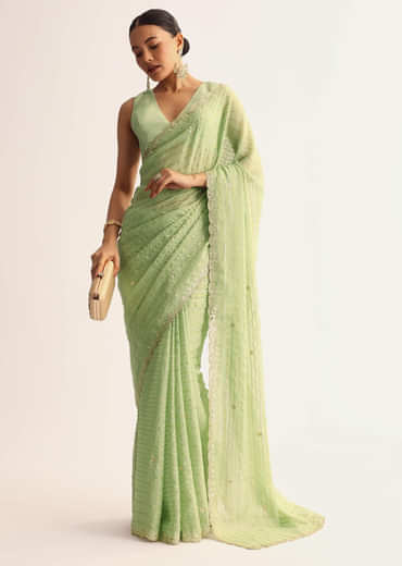 Mint Green Scallop Bordered Saree With Foil Printed Stripes