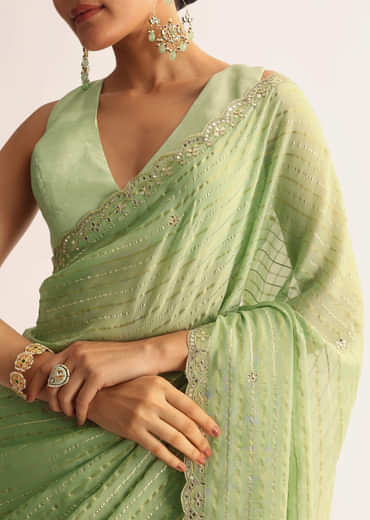 Mint Green Scallop Bordered Saree With Foil Printed Stripes