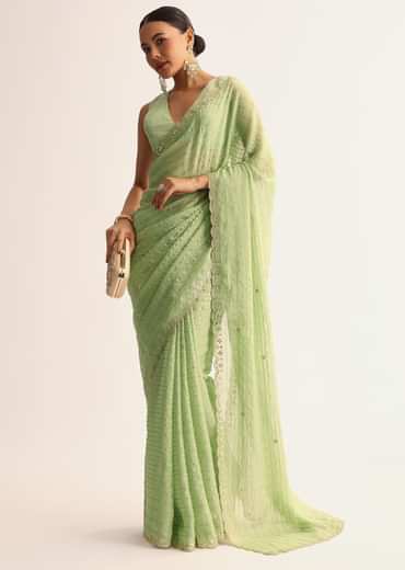 Mint Green Scallop Bordered Saree With Foil Printed Stripes