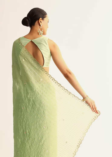 Mint Green Scallop Bordered Saree With Foil Printed Stripes
