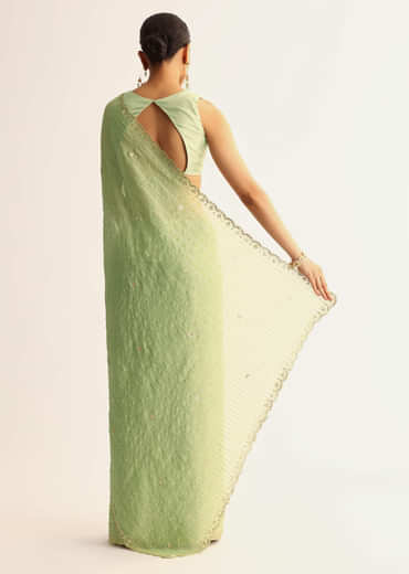 Mint Green Scallop Bordered Saree With Foil Printed Stripes