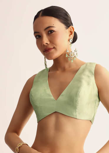 Mint Green Scallop Bordered Saree With Foil Printed Stripes