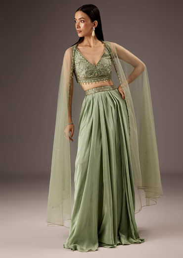 Mint Green Silk Crop Top Skirt With Monotone Embroidery