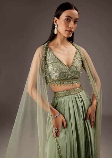 Mint Green Silk Crop Top Skirt With Monotone Embroidery