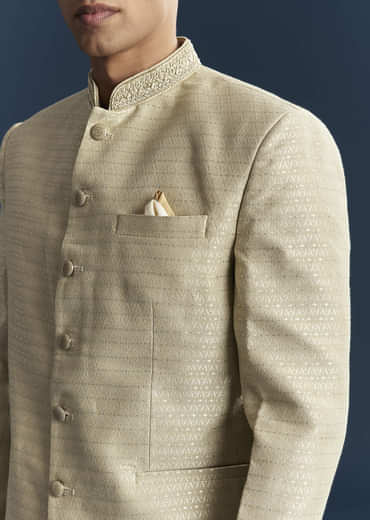 Mint Green Silk Jodhpuri Suit For Men With Hand Embroidery