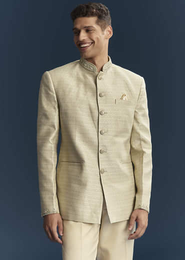 Mint Green Silk Jodhpuri Suit For Men With Hand Embroidery
