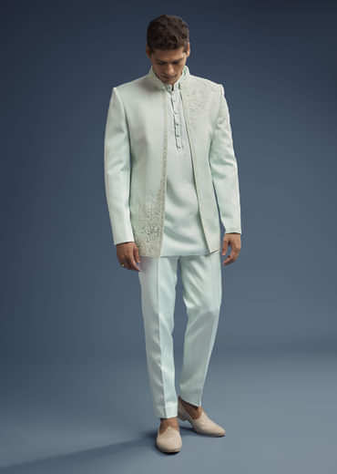 Mint Green Silk Jodhpuri Suit For Men With Zardosi Embroidery