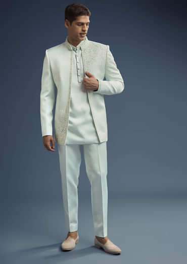 Mint Green Silk Jodhpuri Suit For Men With Zardosi Embroidery