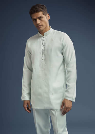 Mint Green Silk Jodhpuri Suit For Men With Zardosi Embroidery