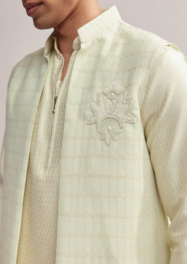 Mint Green Silk Kurta Jacket Set For Men With Cutdana Motif