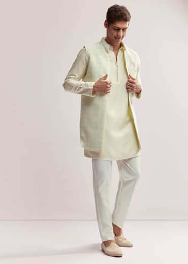 Mint Green Silk Kurta Jacket Set For Men With Cutdana Motif
