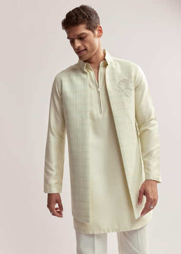 Mint Green Silk Kurta Jacket Set For Men With Cutdana Motif