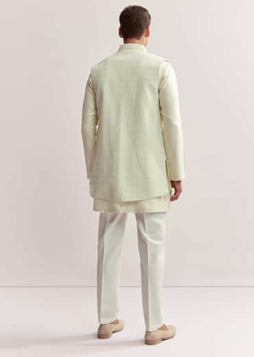 Mint Green Silk Kurta Jacket Set For Men With Cutdana Motif