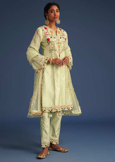 Mint Green Silk Kurta Set With Embroidery