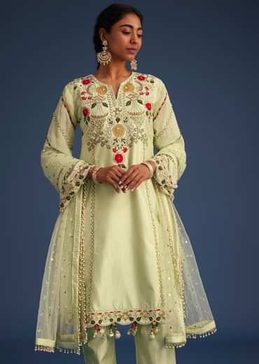 Mint Green Silk Kurta Set With Embroidery