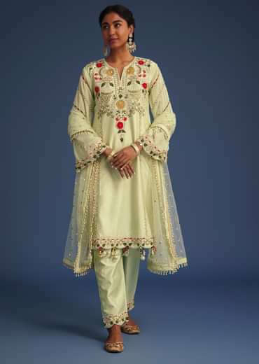 Mint Green Silk Kurta Set With Embroidery