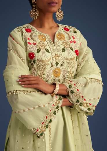 Mint Green Silk Kurta Set With Embroidery