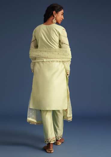 Mint Green Silk Kurta Set With Embroidery