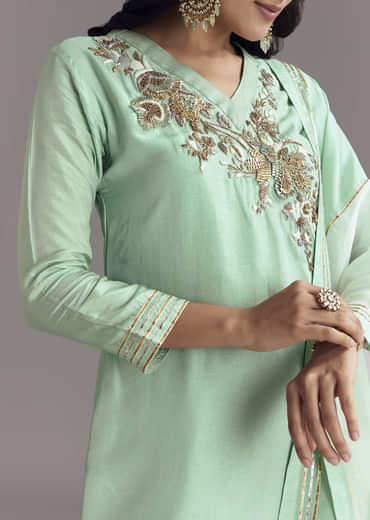 Mint Green Silk Kurta Sharara Set With Gotta Work