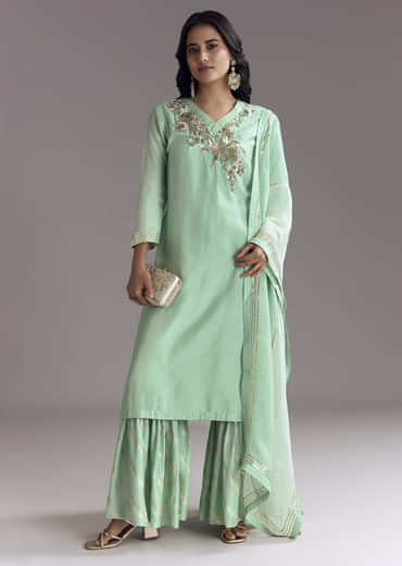 Mint Green Silk Kurta Sharara Set With Gotta Work
