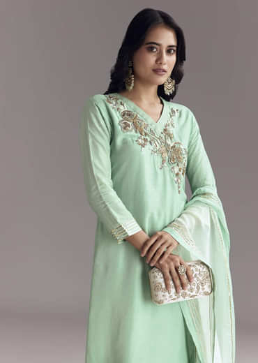 Mint Green Silk Kurta Sharara Set With Gotta Work