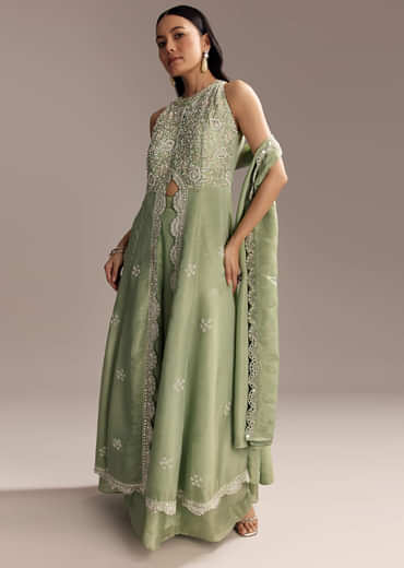 Mint Green Tissue Anarkali Suit With Cutdana And Beads Embroidery