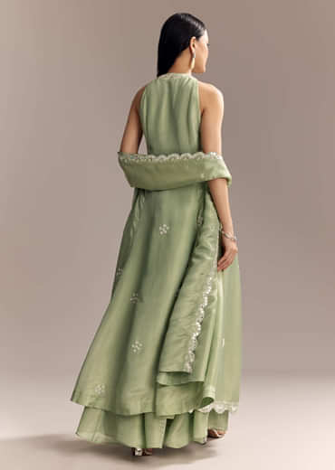 Mint Green Tissue Anarkali Suit With Cutdana And Beads Embroidery