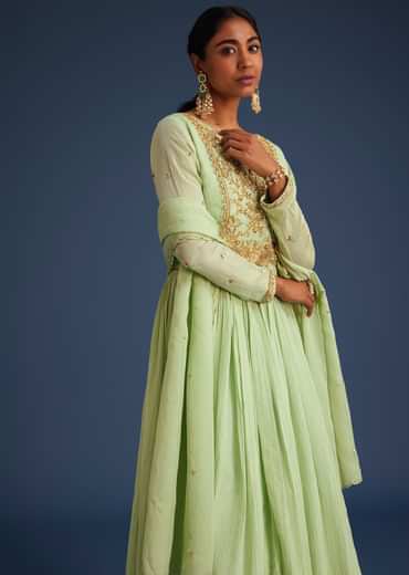 Mint Green Tissue Embroidered Anarkali With Dupatta