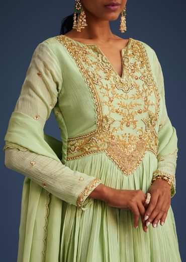Mint Green Tissue Embroidered Anarkali With Dupatta