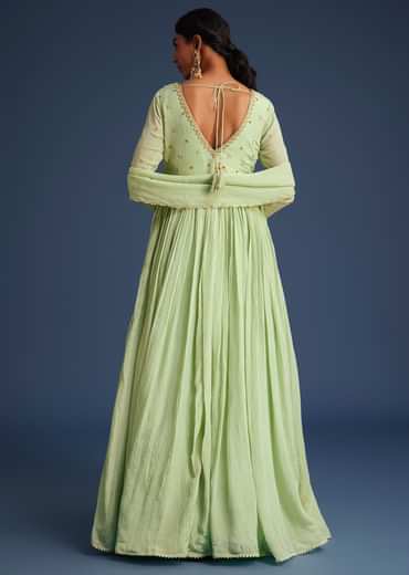 Mint Green Tissue Embroidered Anarkali With Dupatta