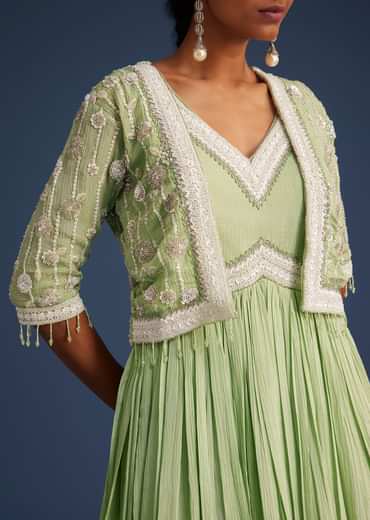 Mint Green Tissue Gown With Embroidered Jacket