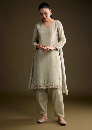 Mint Green Tissue Kurta Set With Sequins And Moti Work