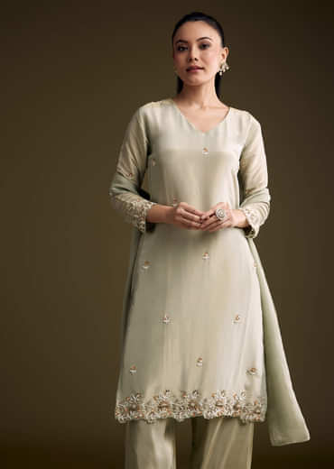 Mint Green Tissue Kurta Set With Sequins And Moti Work