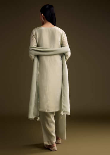 Mint Green Tissue Kurta Set With Sequins And Moti Work